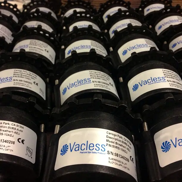 Rows of Breather I-ADJ valves, each labelled Canoga Park, CA 91304, Model Breather I-ADJ, P/N SVRS-10ADJ, with its own serial number