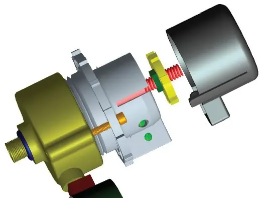 Exploded drawing of a Breather valve: body, seal disc, spring and limit switch housing